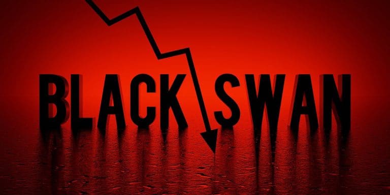 Black swan logo with stock trend pointing down