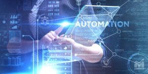 Automation graphic of girl on ipad with technological graphics in front of her
