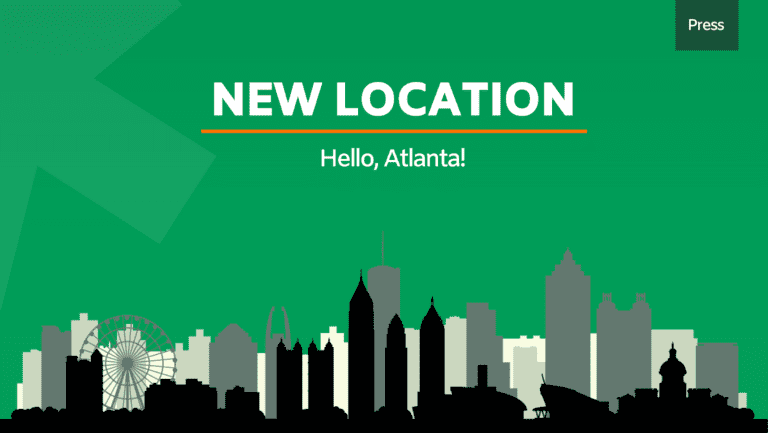 DLC press release graphic with picture of the Atlanta skyline and text "New Location; Hello Atlanta!)"