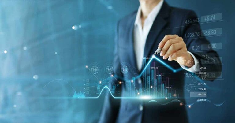 Businessman draw growth graph and progress of business and analyzing financial and investment data ,business planning and strategy on blue background.