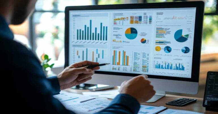 Business finance data analytics male worker analyzing graphs and charts on computer screen