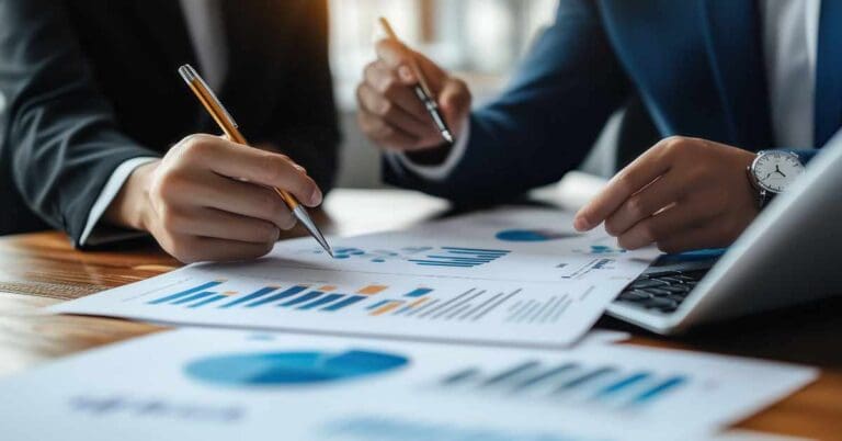 Business partners discussing financial reports at meeting. Two business partners review financial documents, discussing performance charts and graphs during an office meeting.