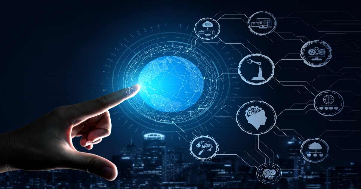 Business process automation, Futuristic industry 4.0 concept - Engineering with graphic interface showing automation design, robot operation, usage of machine deep learning for future manufacturing.