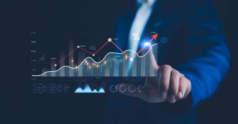 Businessman hand pointing ROI graph, symbolizing smart investment strategies using digital technology and financial planning tools. Ideal for fintech, personal finance, 2025 business analysis topics.