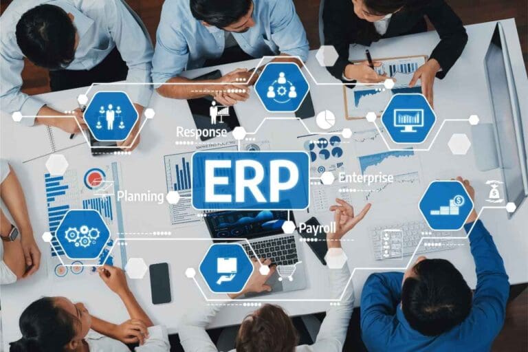 Graphic with the word "ERP" in the center and multiple icons depicting a financial system implementation.
