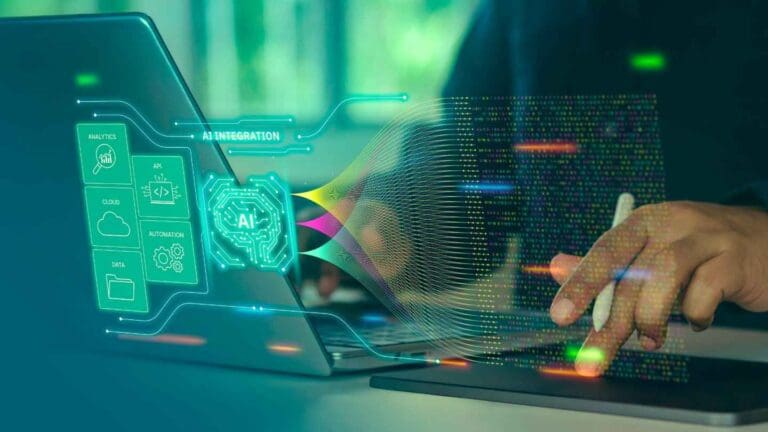 Man on his laptop with a digital graphic overlay featuring an AI icon.