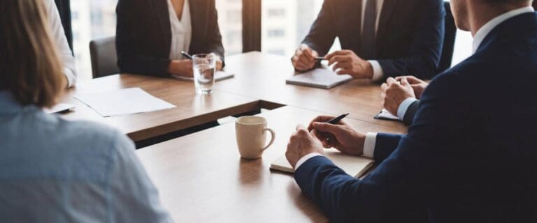 Executives sitting in a conference room preparing.